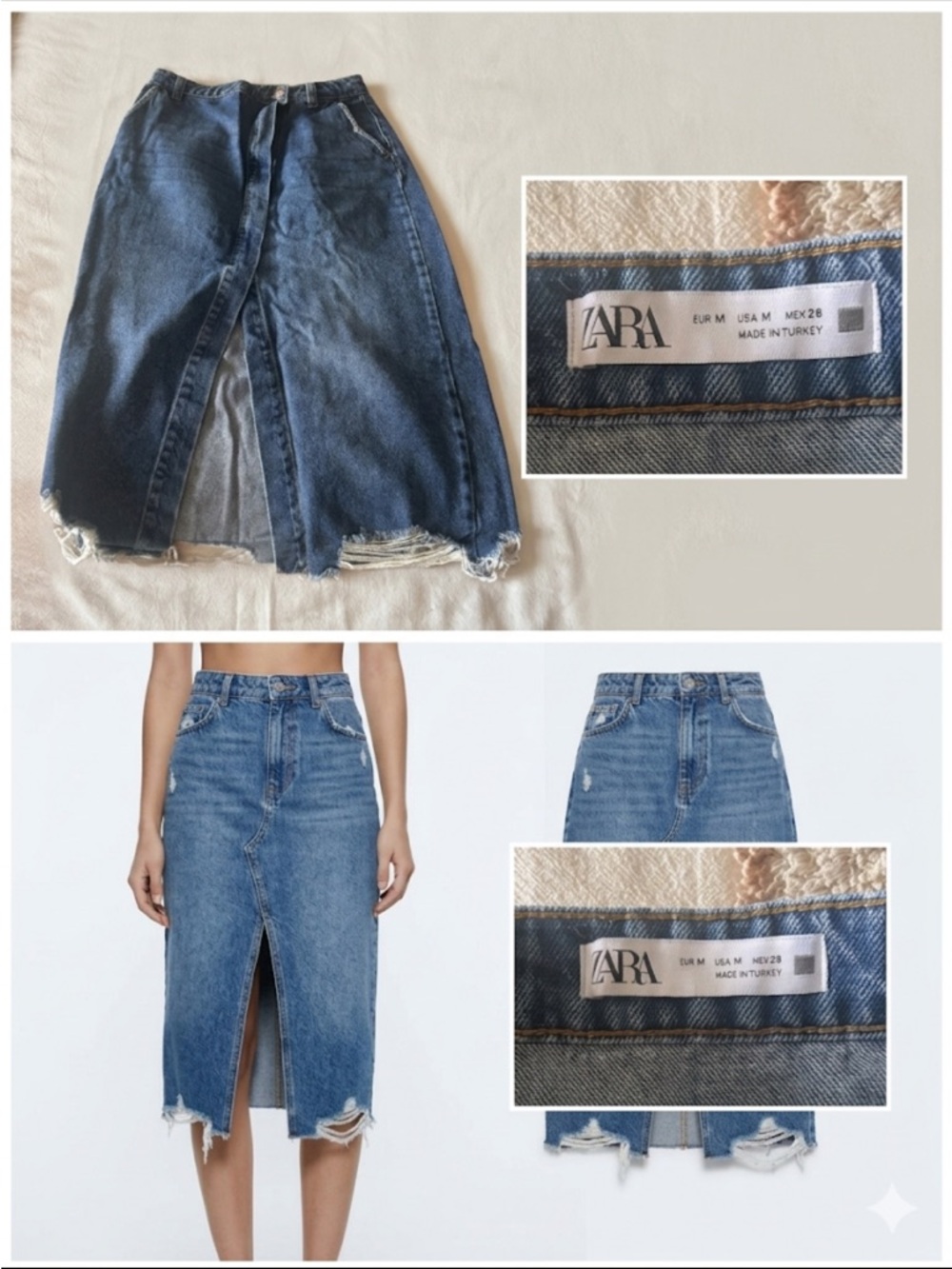 Zara Blue Distressed Front-Slit Denim Midi Skirt